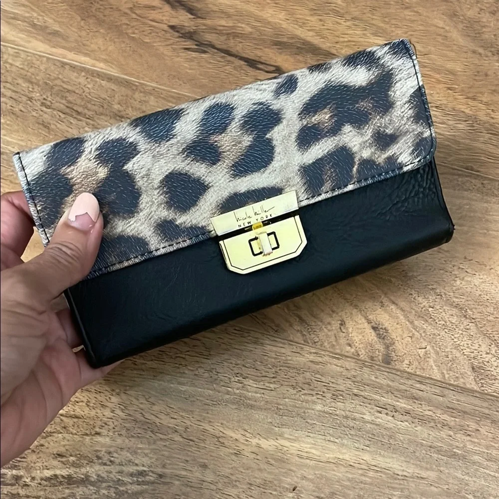 Nicole Miller Black Leather and Leopard Print Wallet with Gold Hardware